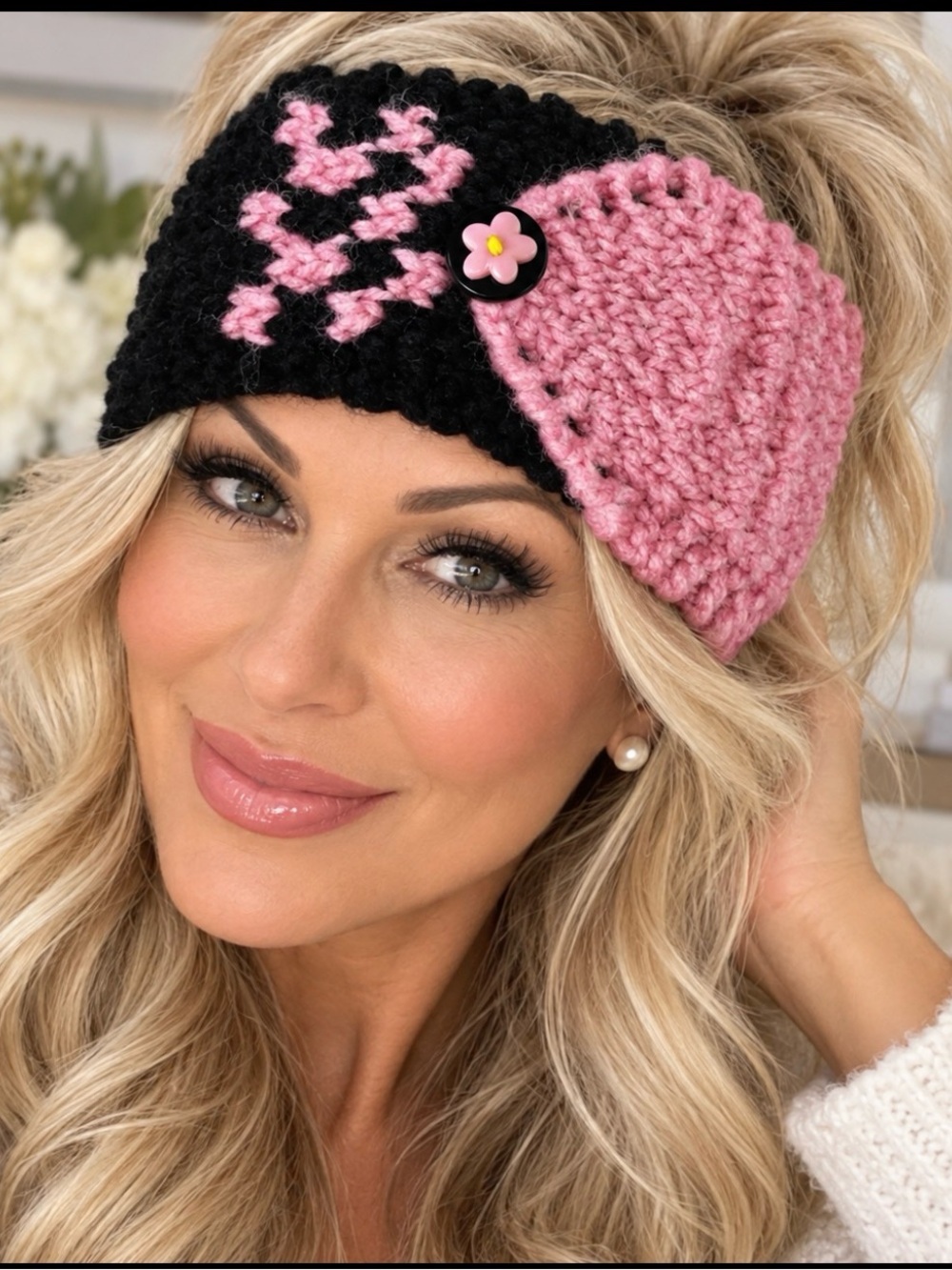 Black and Pink Knit Ear Warmer Headband with Flower Button